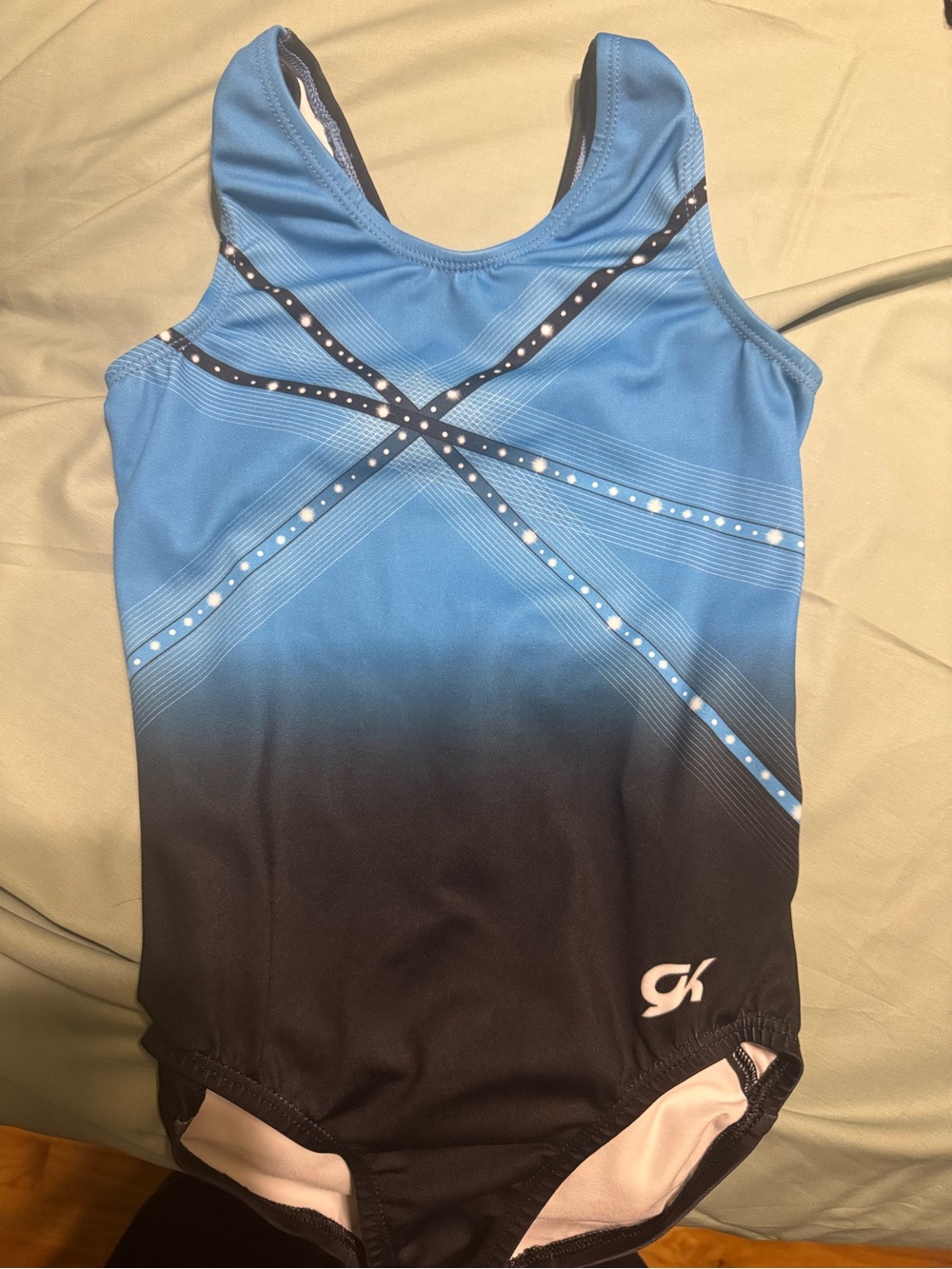 Size CM Blue-to-Black Gradient gymnastics leotard